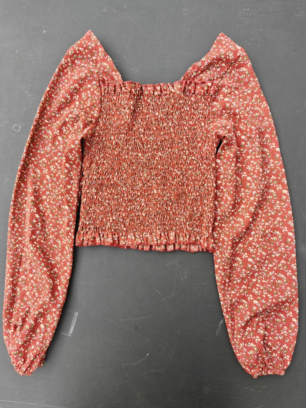 Smocked Square-Neck Long Sleeve Top in Rust Floral